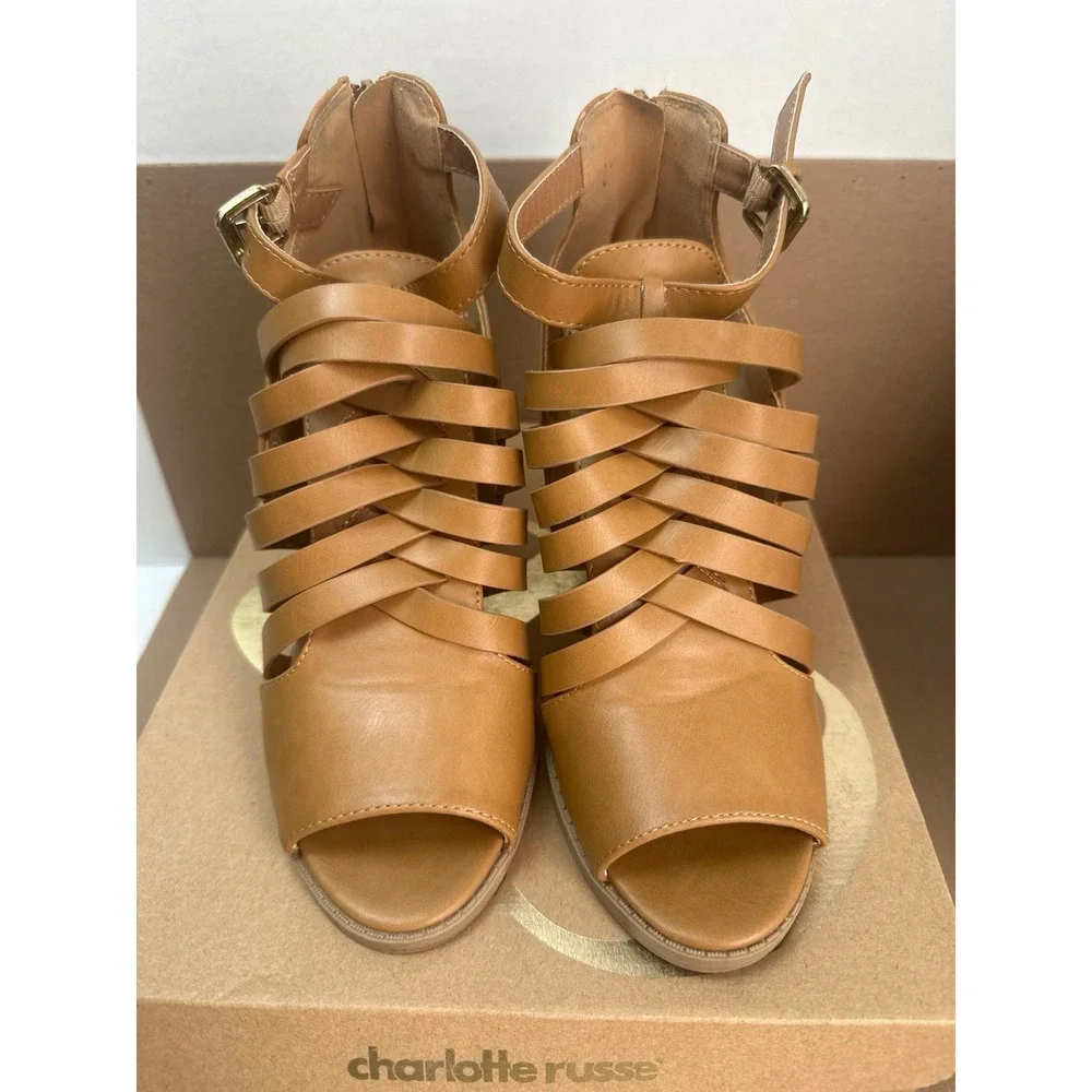 Charlotte Russe Womens 8 Tan Strappy Block Heels Barnes-209A